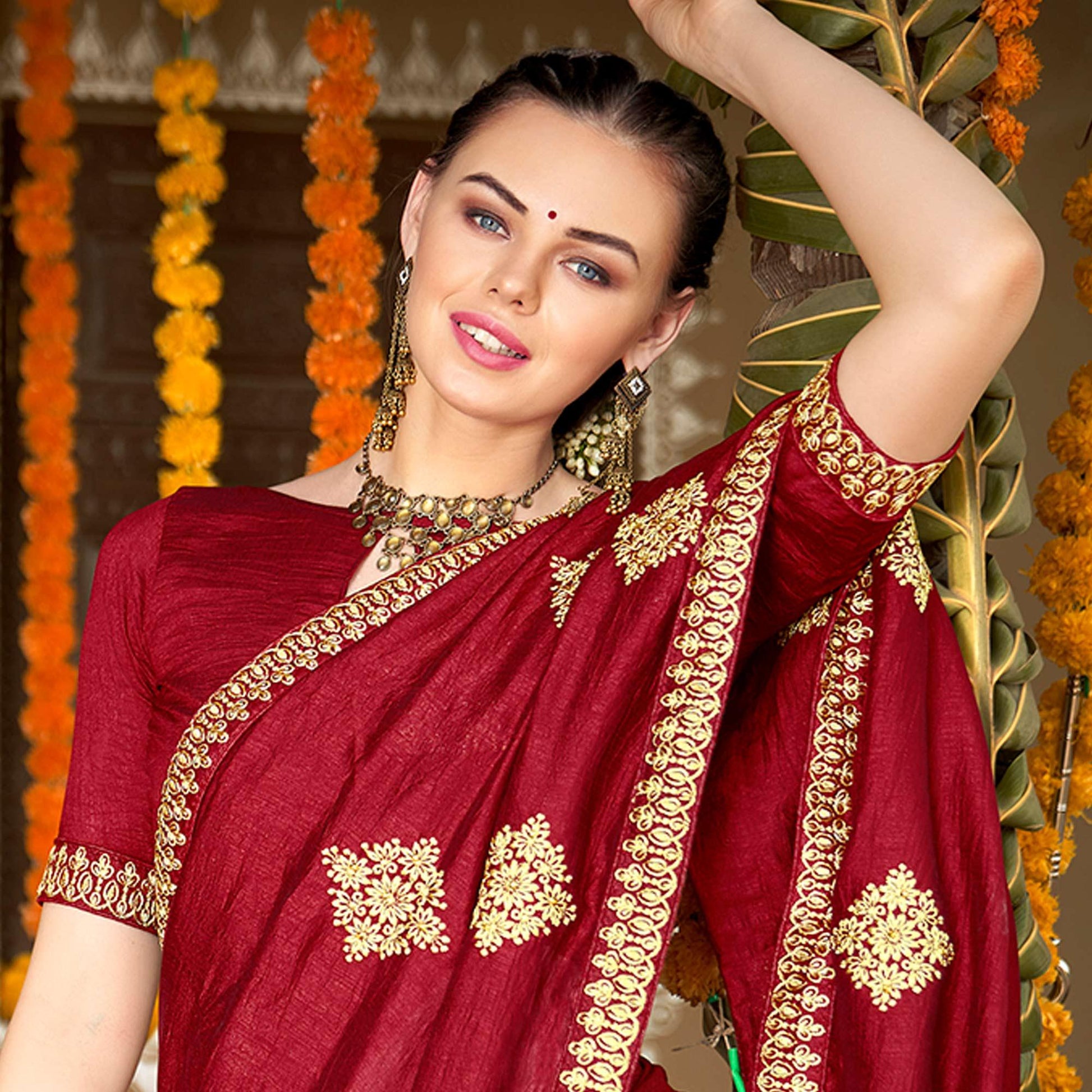 Maroon Floral Embroidered Vichitra Silk Saree