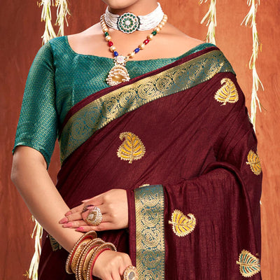 Maroon Floral Embroidered Vichitra Silk Saree