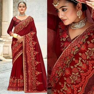 Maroon Floral Embroidered Vichitra Silk Saree