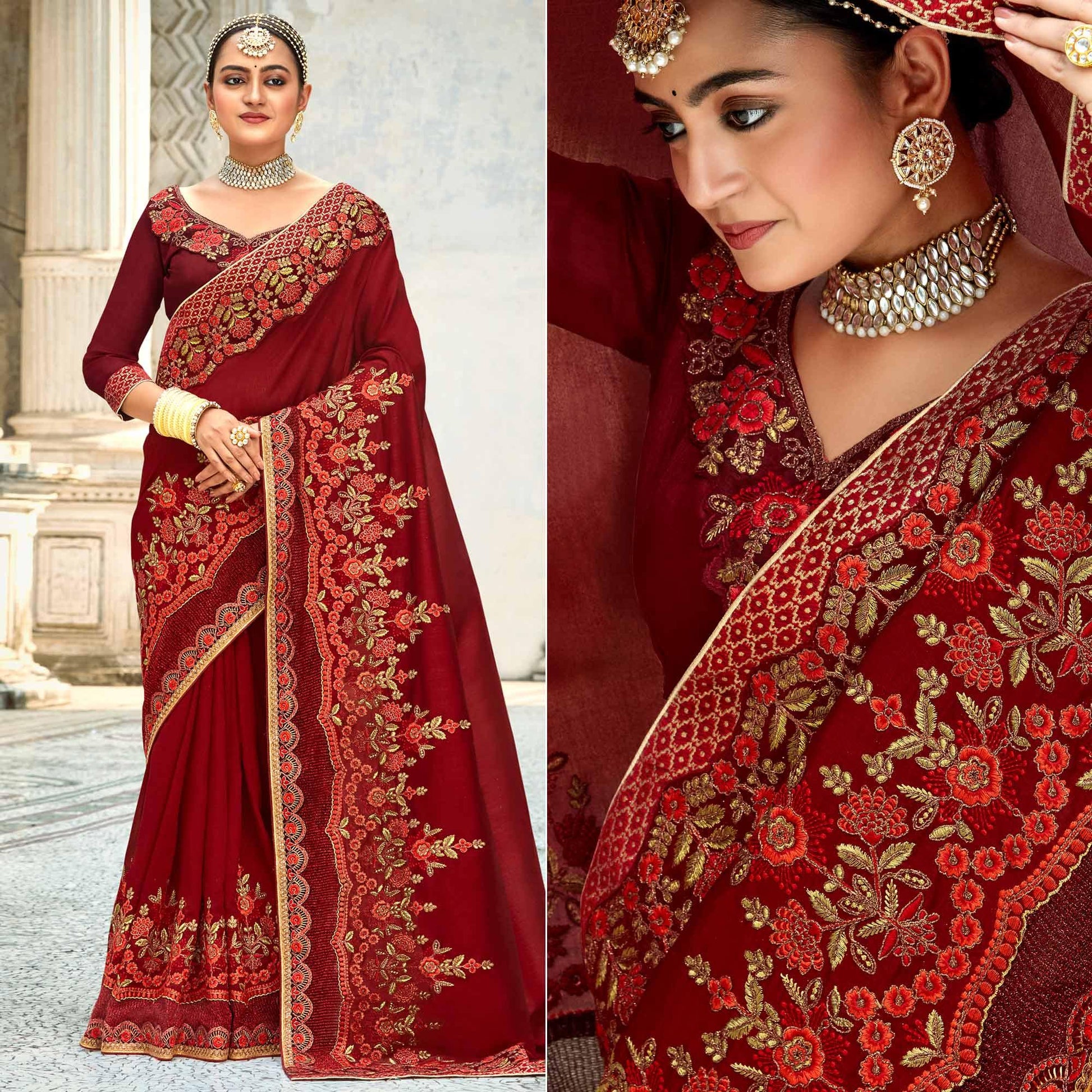 Maroon Floral Embroidered Vichitra Silk Saree