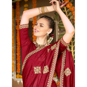 Maroon Floral Embroidered Vichitra Silk Saree