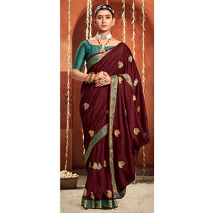 Maroon Floral Embroidered Vichitra Silk Saree