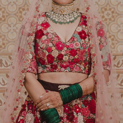 Maroon Floral Embroidered With Embellished Velvet Lehenga Choli