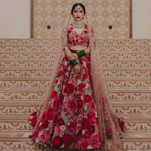 Maroon Floral Embroidered With Embellished Velvet Lehenga Choli