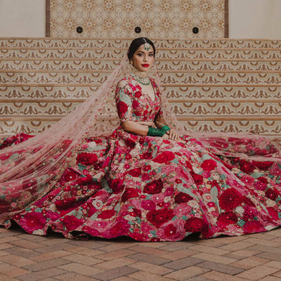 Maroon Floral Embroidered With Embellished Velvet Lehenga Choli