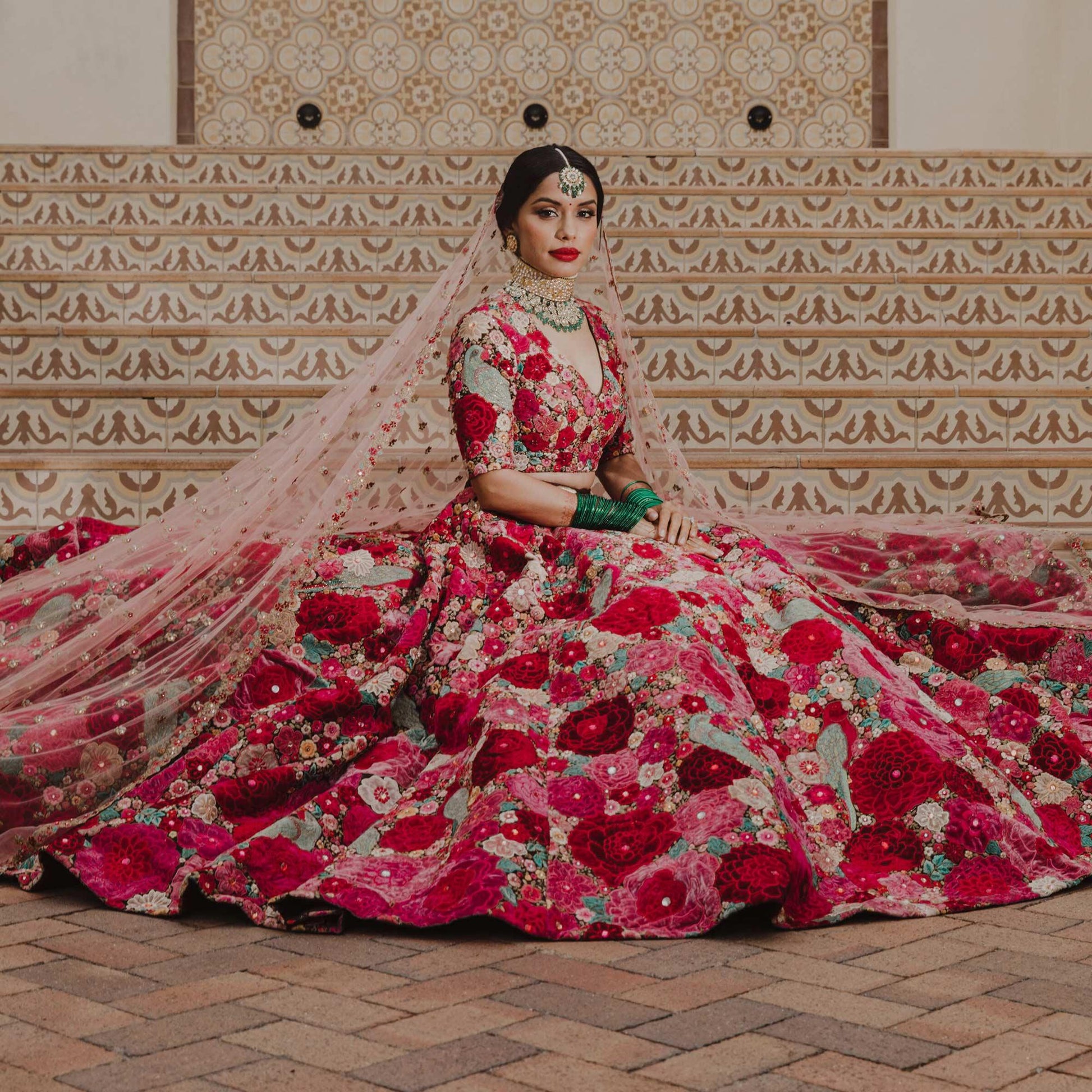 Maroon Floral Embroidered With Embellished Velvet Lehenga Choli