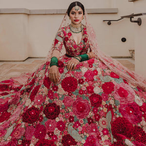 Maroon Floral Embroidered With Embellished Velvet Lehenga Choli