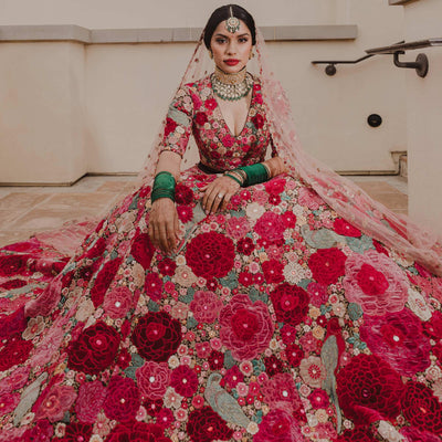 Maroon Floral Embroidered With Embellished Velvet Lehenga Choli