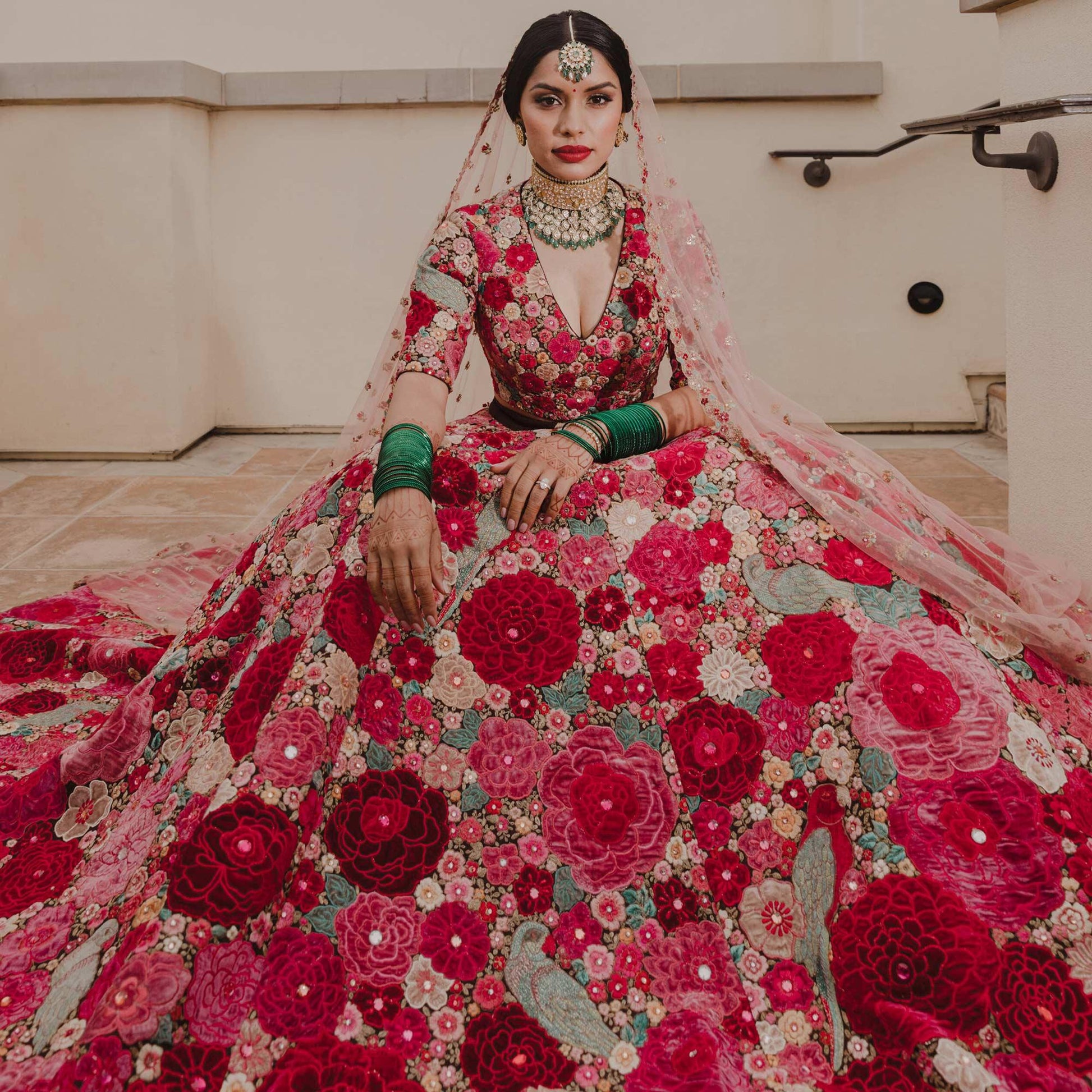 Maroon Floral Embroidered With Embellished Velvet Lehenga Choli