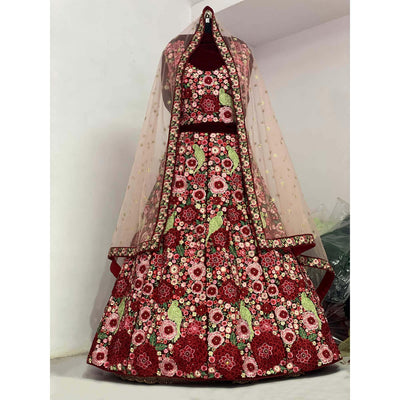 Maroon Floral Embroidered With Embellished Velvet Lehenga Choli