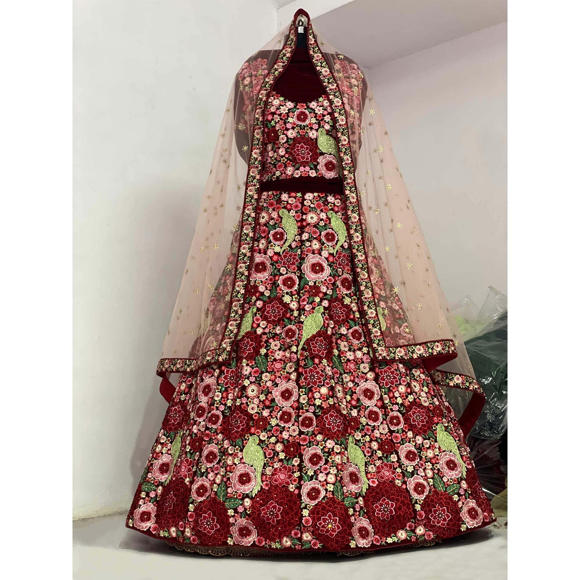 Maroon Floral Embroidered With Embellished Velvet Lehenga Choli