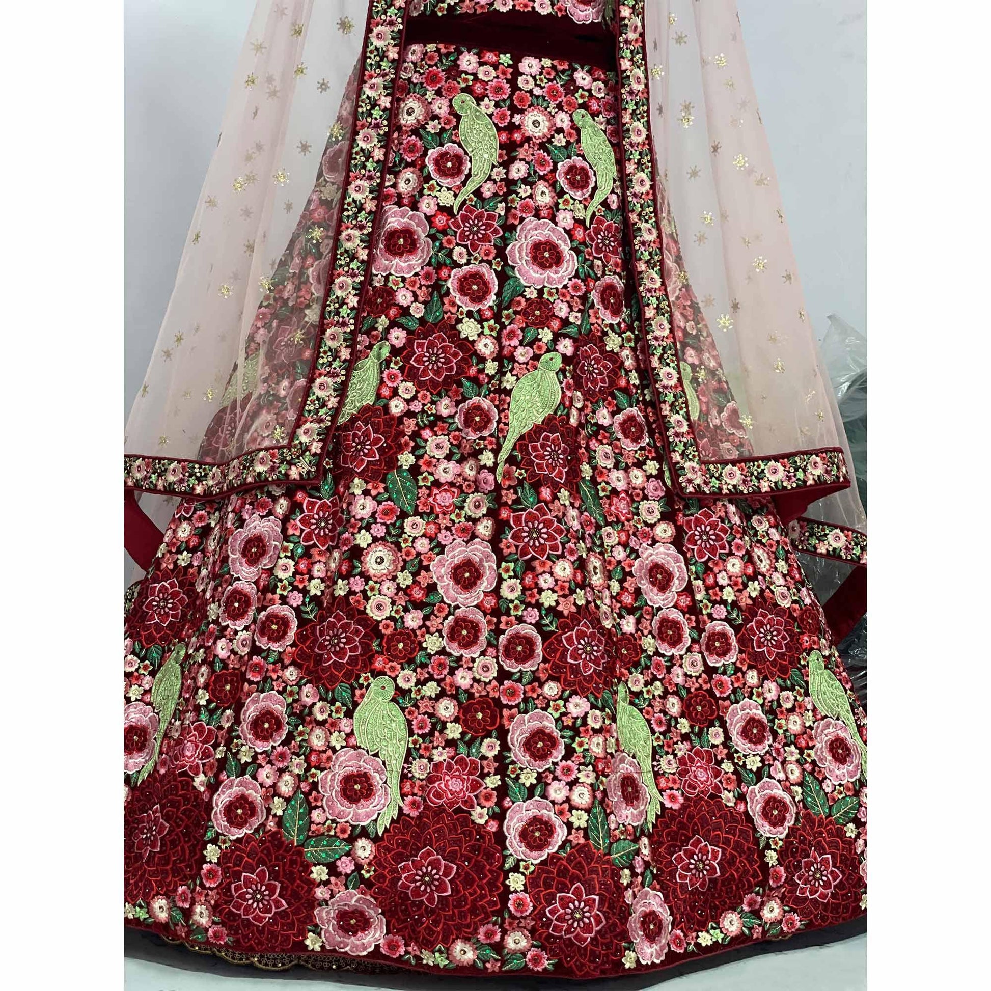 Maroon Floral Embroidered With Embellished Velvet Lehenga Choli