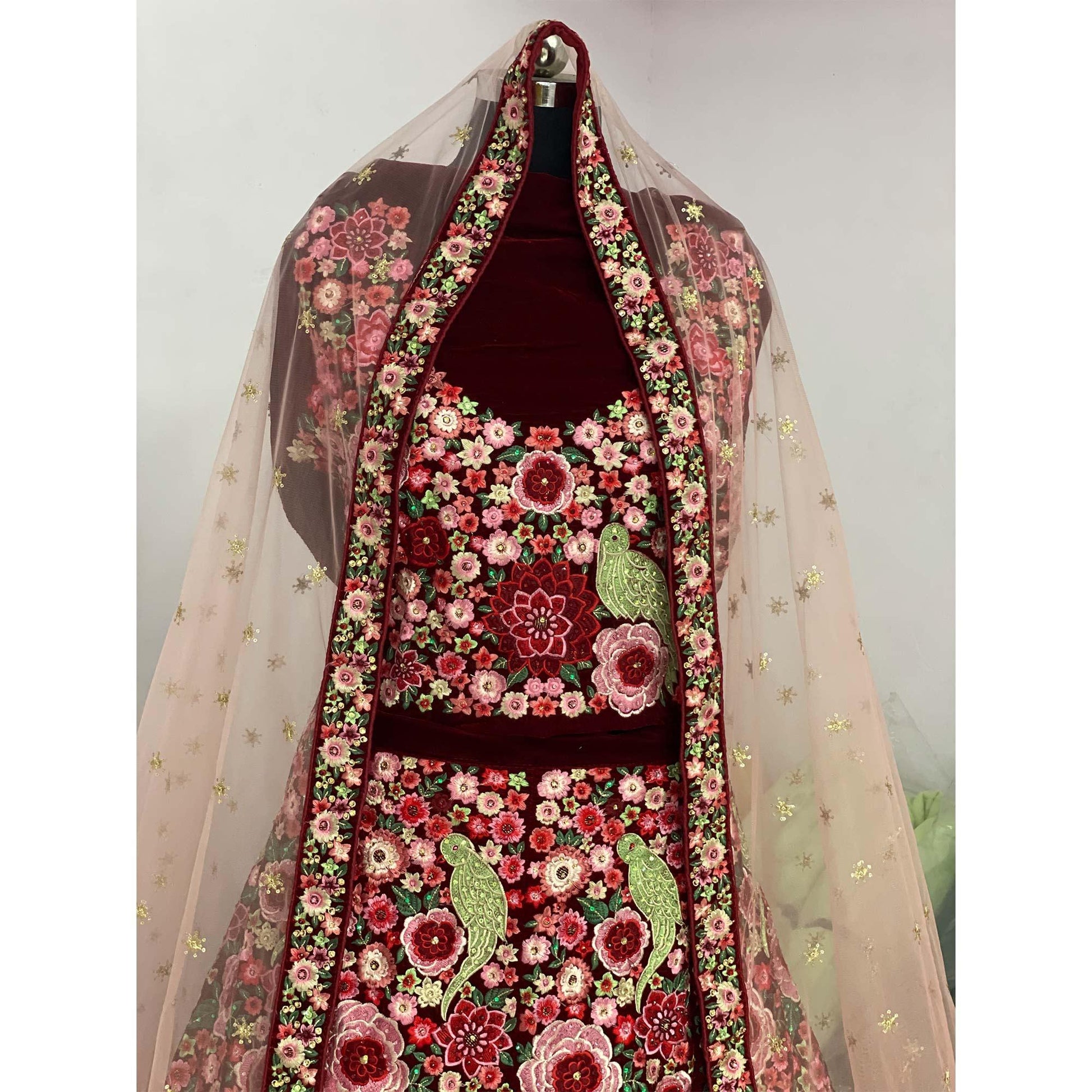 Maroon Floral Embroidered With Embellished Velvet Lehenga Choli