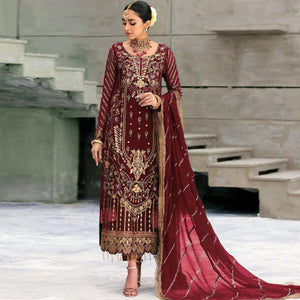 Maroon Floral Embroidered With Sequins Georgette Pakistani Suit
