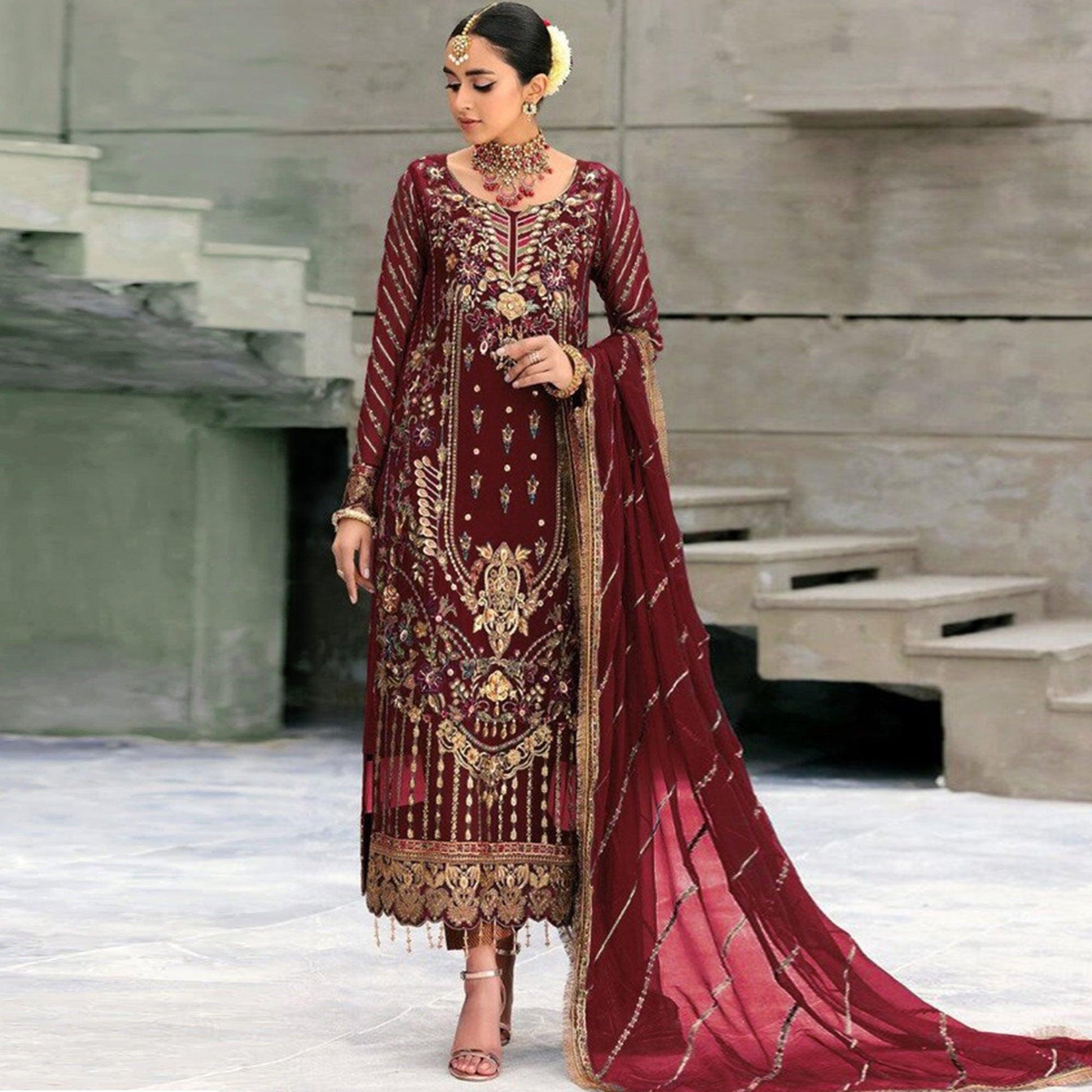 Maroon Floral Embroidered With Sequins Georgette Pakistani Suit