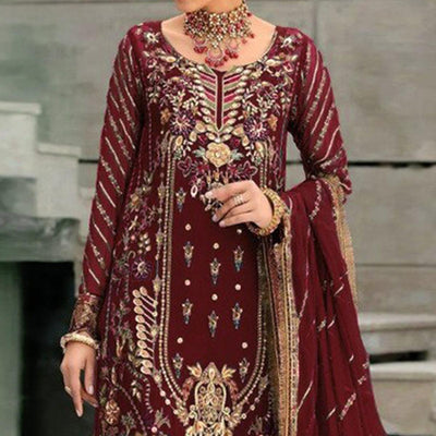 Maroon Floral Embroidered With Sequins Georgette Pakistani Suit