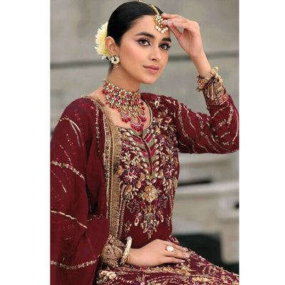 Maroon Floral Embroidered With Sequins Georgette Pakistani Suit