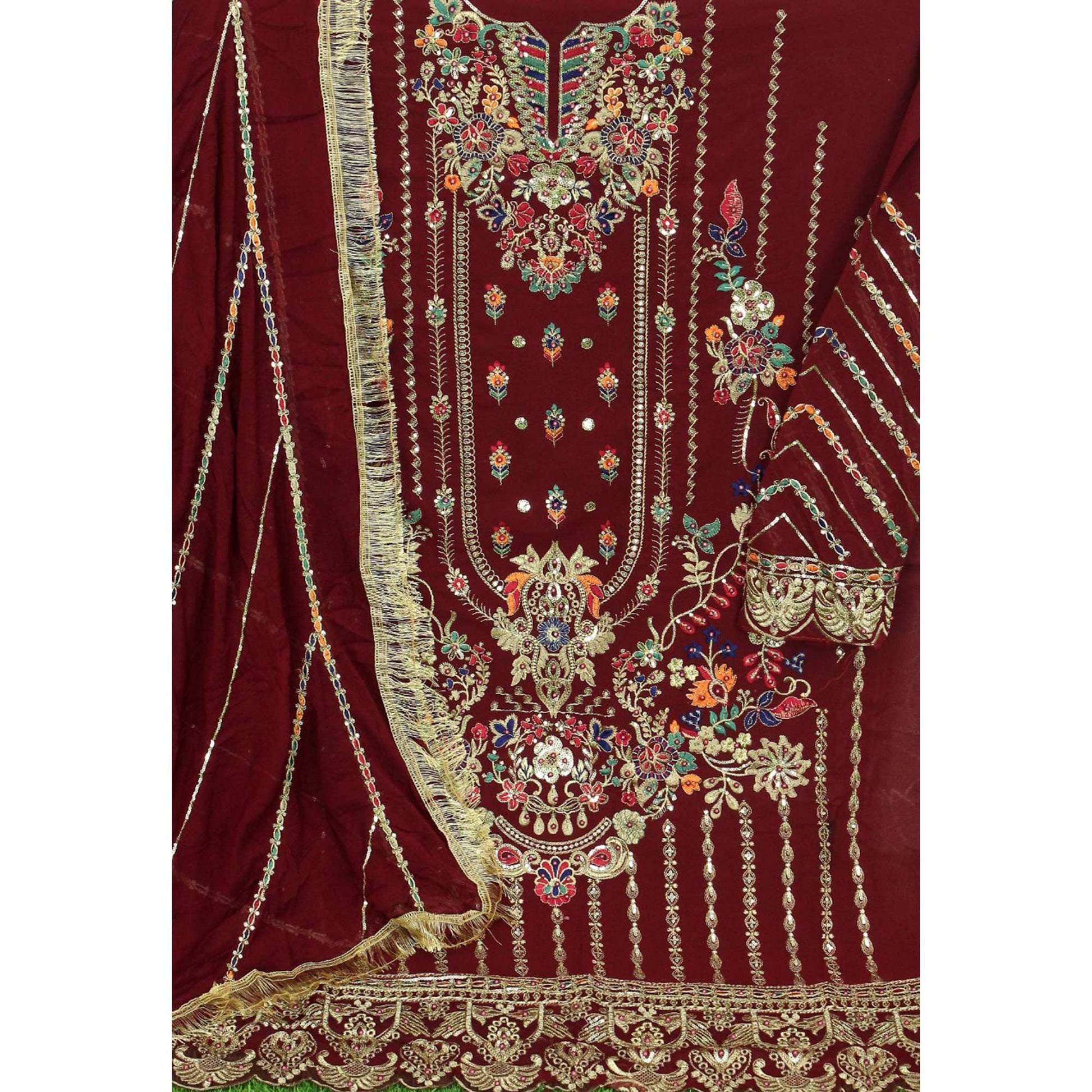 Maroon Floral Embroidered With Sequins Georgette Pakistani Suit