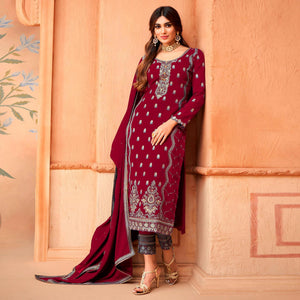 Maroon Floral Embroidery Designer Georgette Partywear Suit
