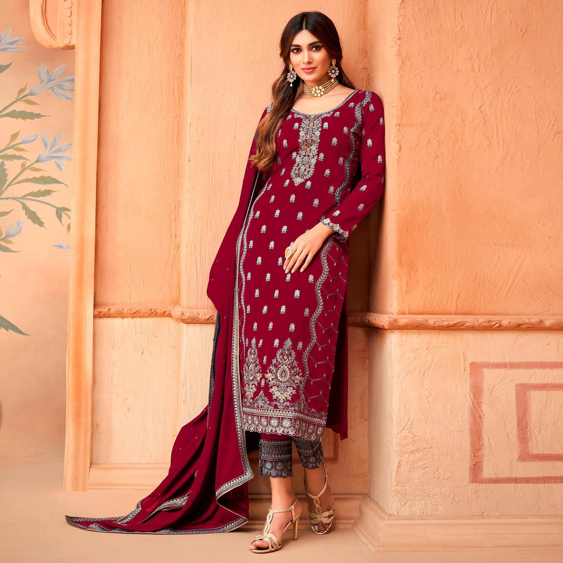 Maroon Floral Embroidery Designer Georgette Partywear Suit