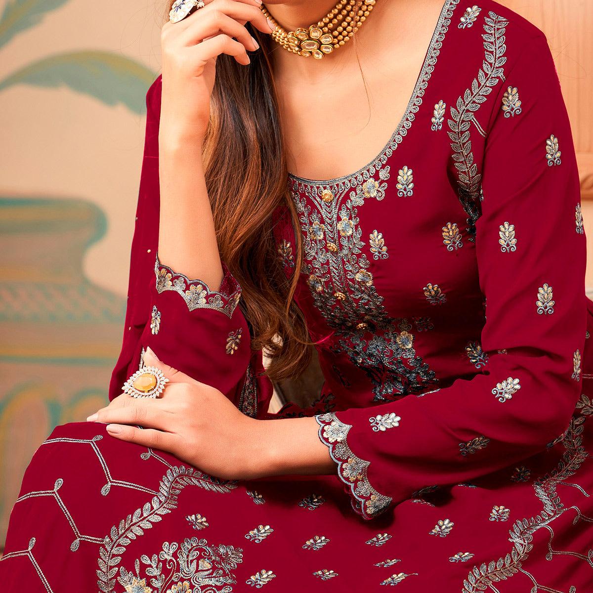 Maroon Floral Embroidery Designer Georgette Partywear Suit