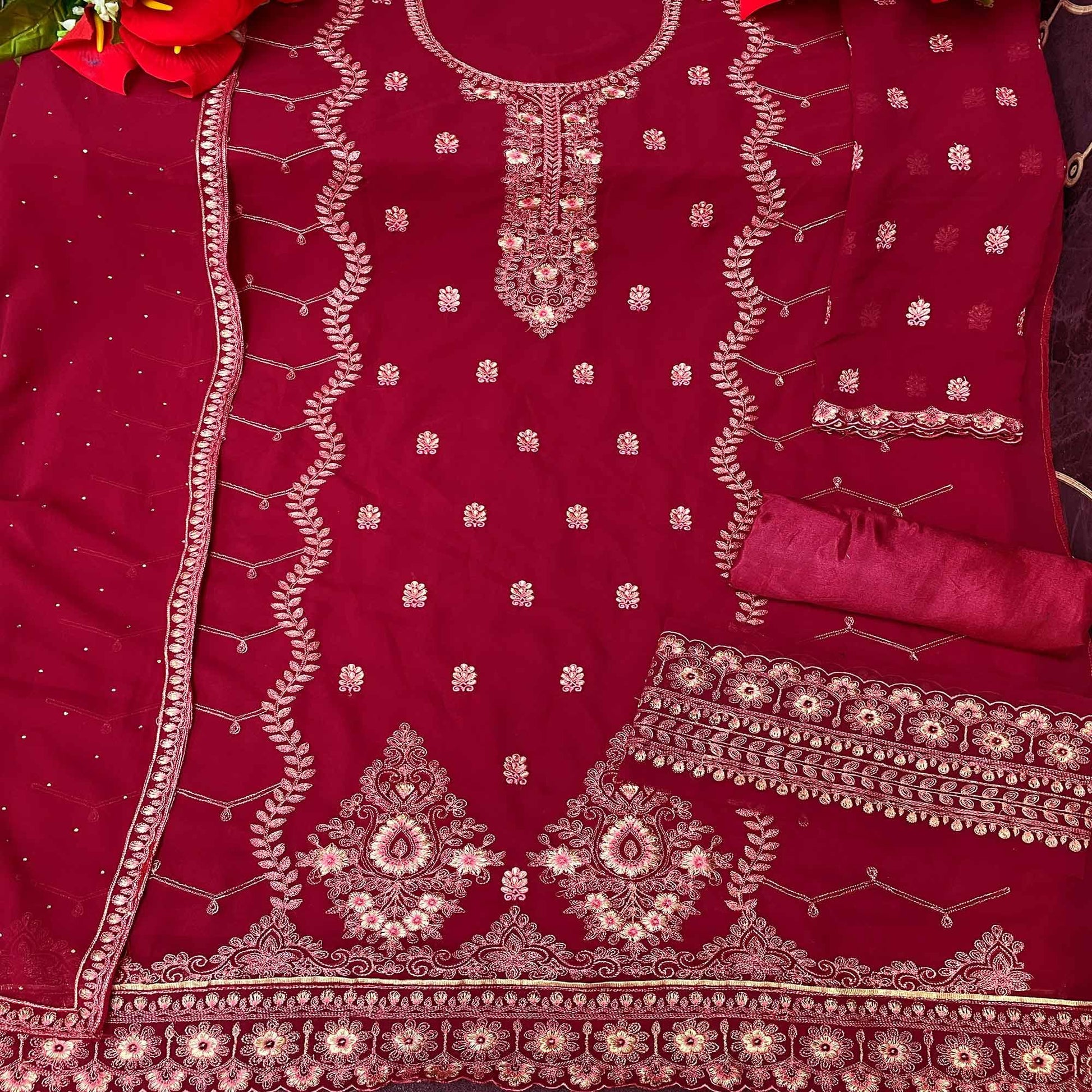 Maroon Floral Embroidery Designer Georgette Partywear Suit
