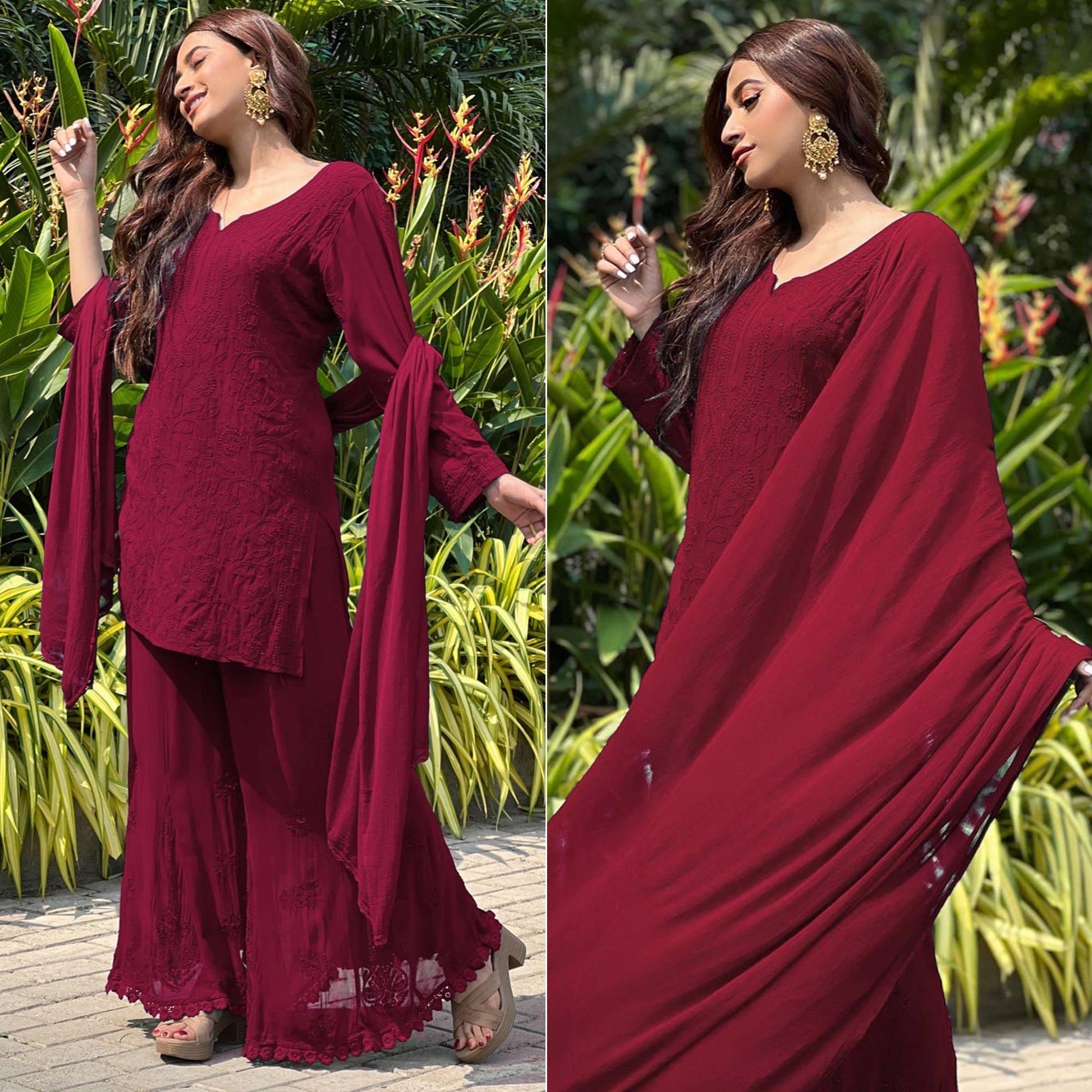 Maroon Floral Lucknowi Embroidered Georgette Sharara Suit