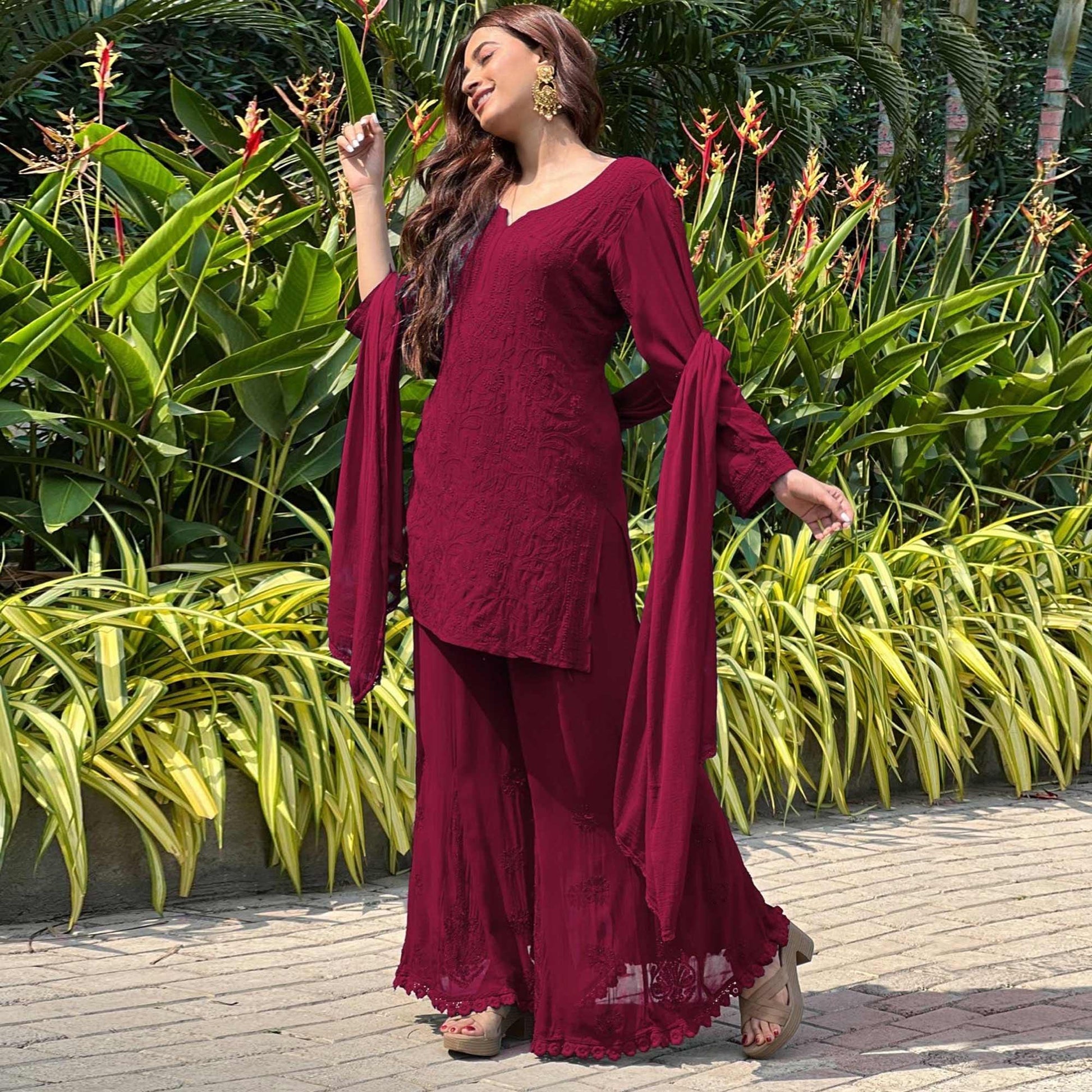 Maroon Floral Lucknowi Embroidered Georgette Sharara Suit