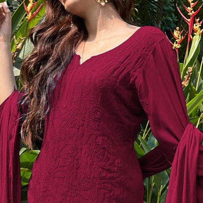 Maroon Floral Lucknowi Embroidered Georgette Sharara Suit