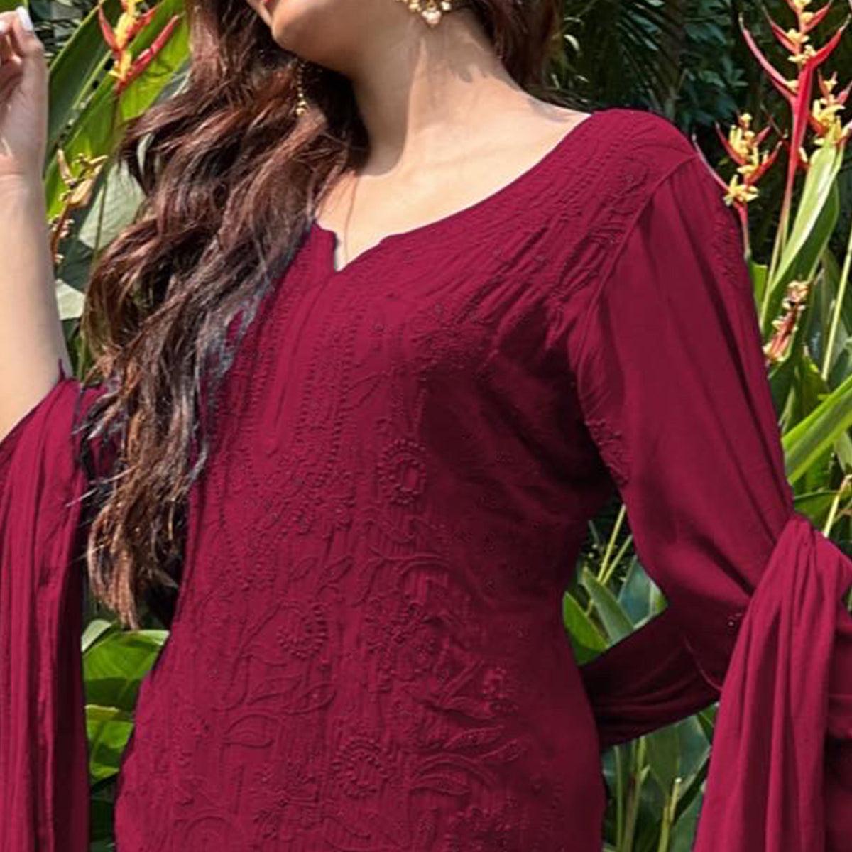 Maroon Floral Lucknowi Embroidered Georgette Sharara Suit