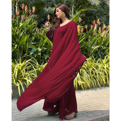 Maroon Floral Lucknowi Embroidered Georgette Sharara Suit
