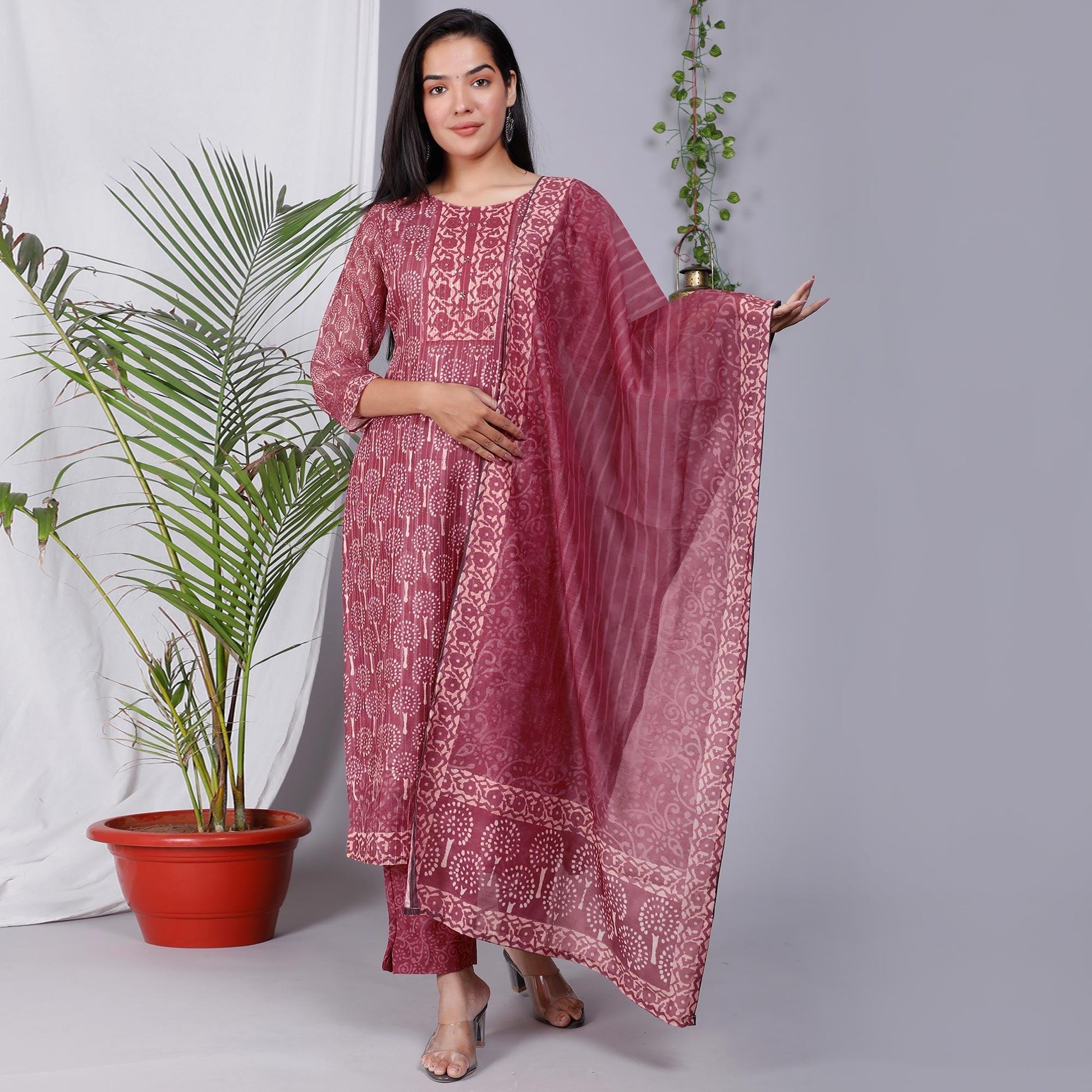 Maroon Floral Printed Chanderi Salwar Suit