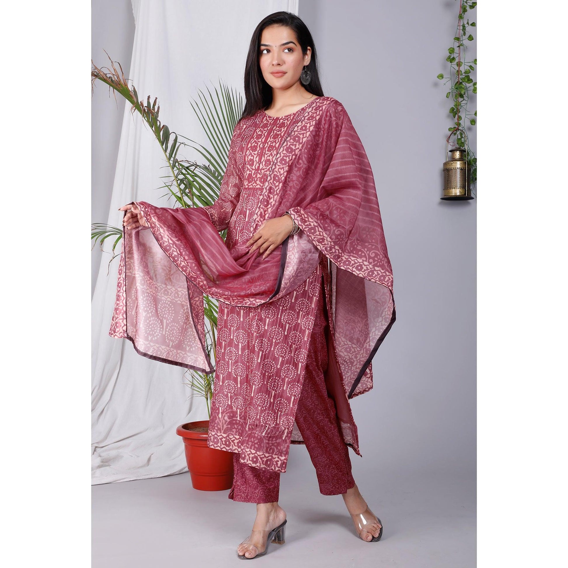 Maroon Floral Printed Chanderi Salwar Suit