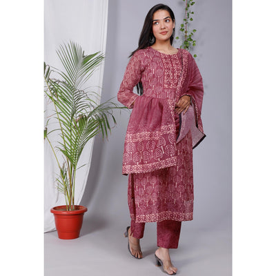 Maroon Floral Printed Chanderi Salwar Suit