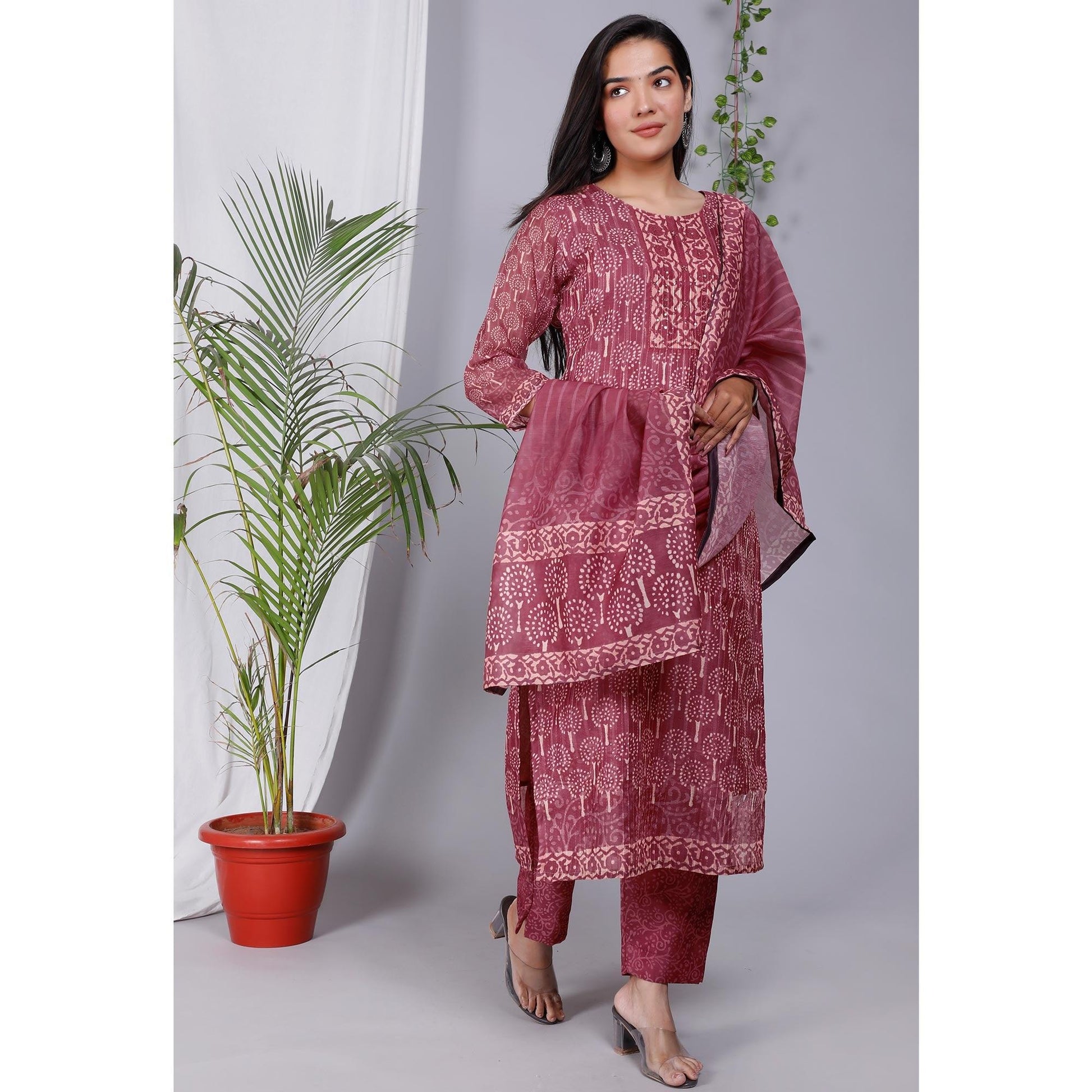 Maroon Floral Printed Chanderi Salwar Suit