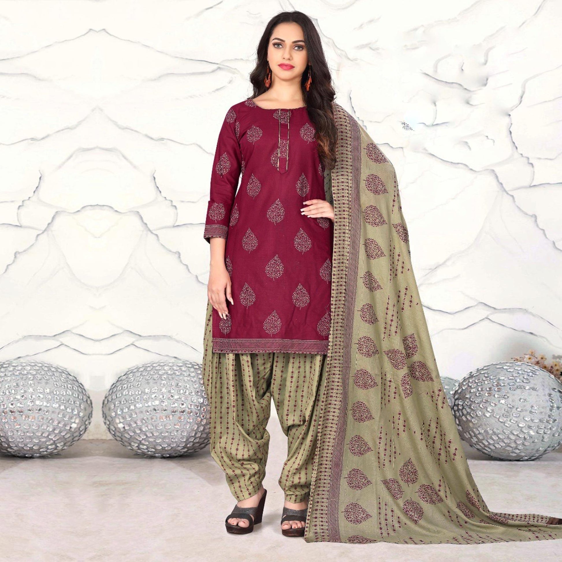 Maroon Floral Printed Cotton Blend Dress Material