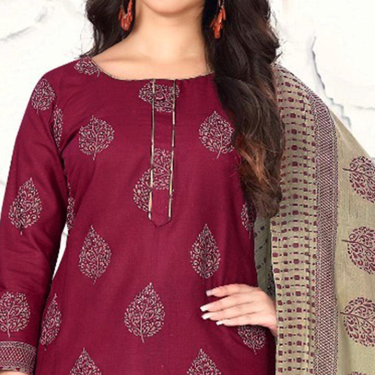 Maroon Floral Printed Cotton Blend Dress Material