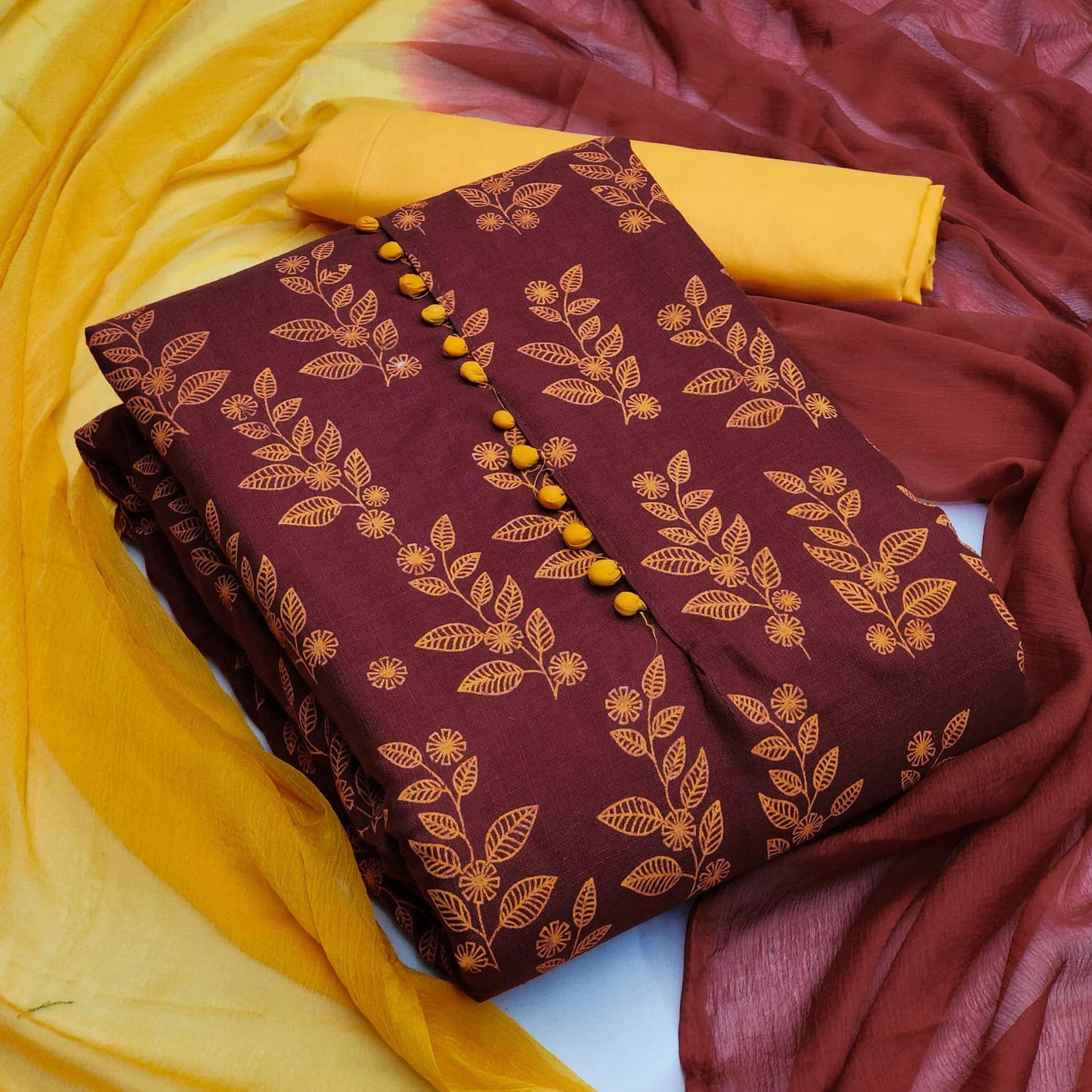 Maroon Floral Printed Cotton Dress Material