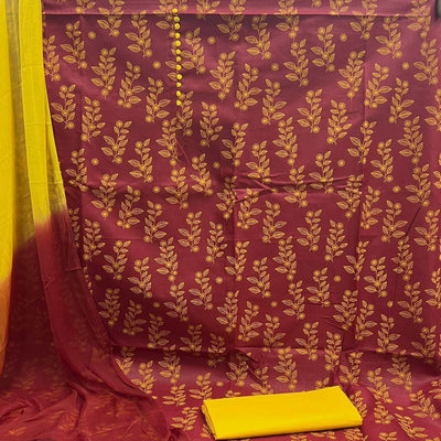 Maroon Floral Printed Cotton Dress Material