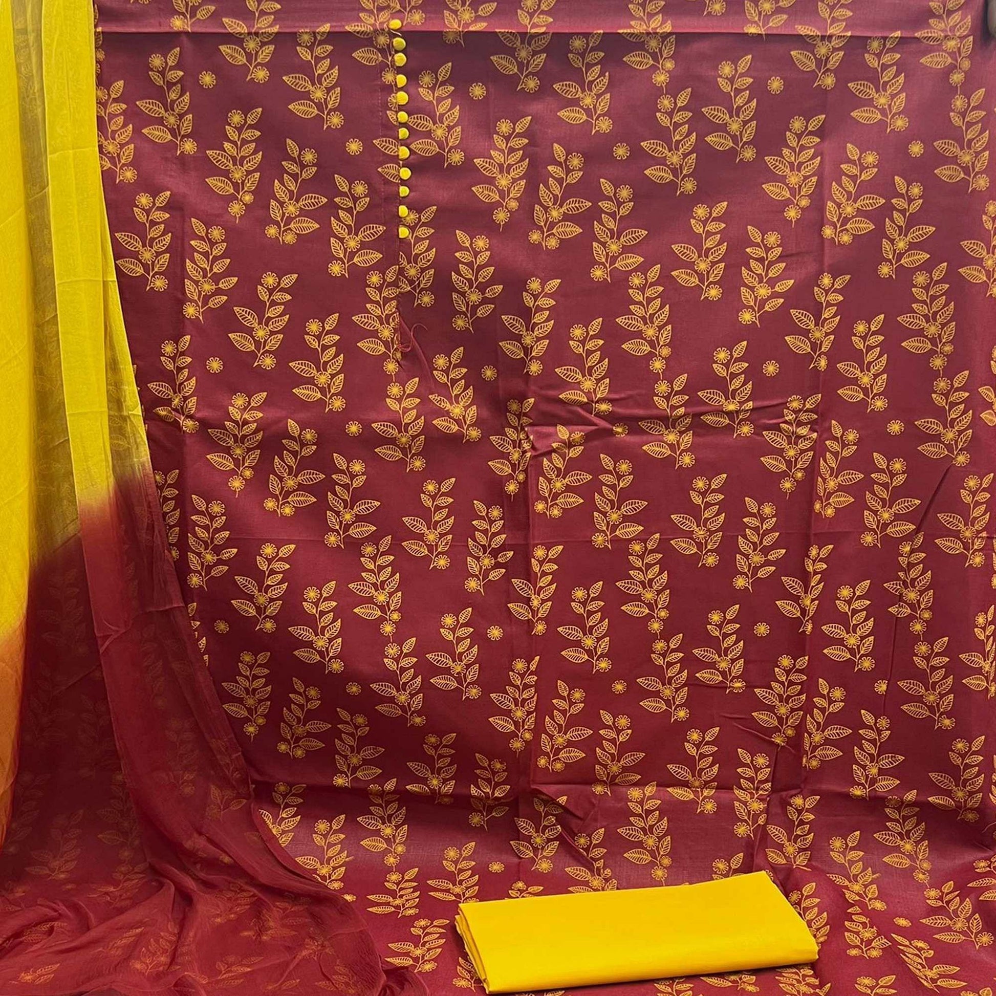Maroon Floral Printed Cotton Dress Material