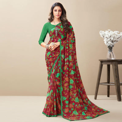 Maroon Floral Printed Georgette Saree