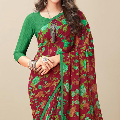 Maroon Floral Printed Georgette Saree