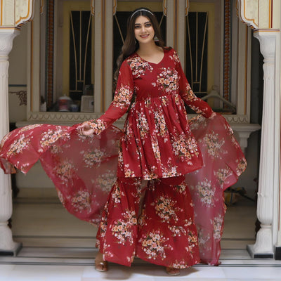 Maroon Floral Printed Georgette Sharara Suit