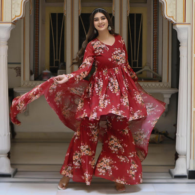 Maroon Floral Printed Georgette Sharara Suit