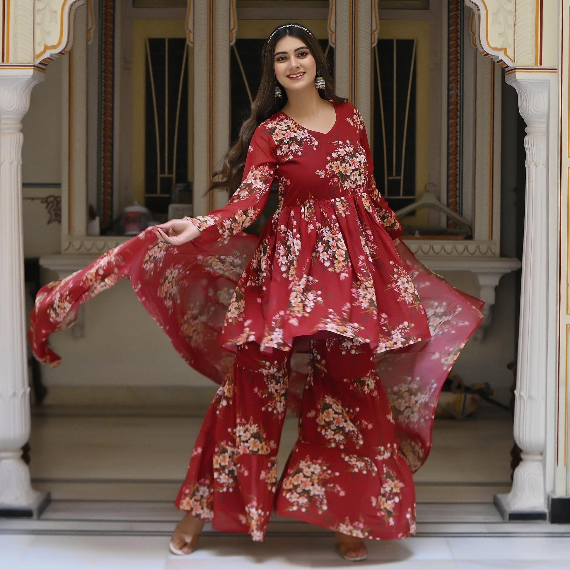 Maroon Floral Printed Georgette Sharara Suit