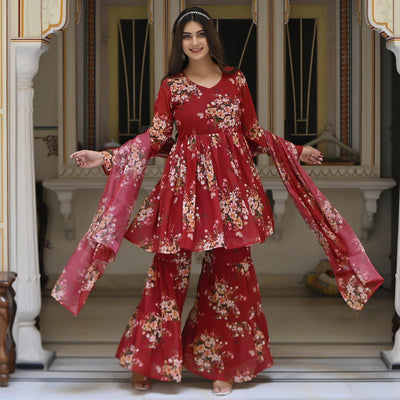 Maroon Floral Printed Georgette Sharara Suit