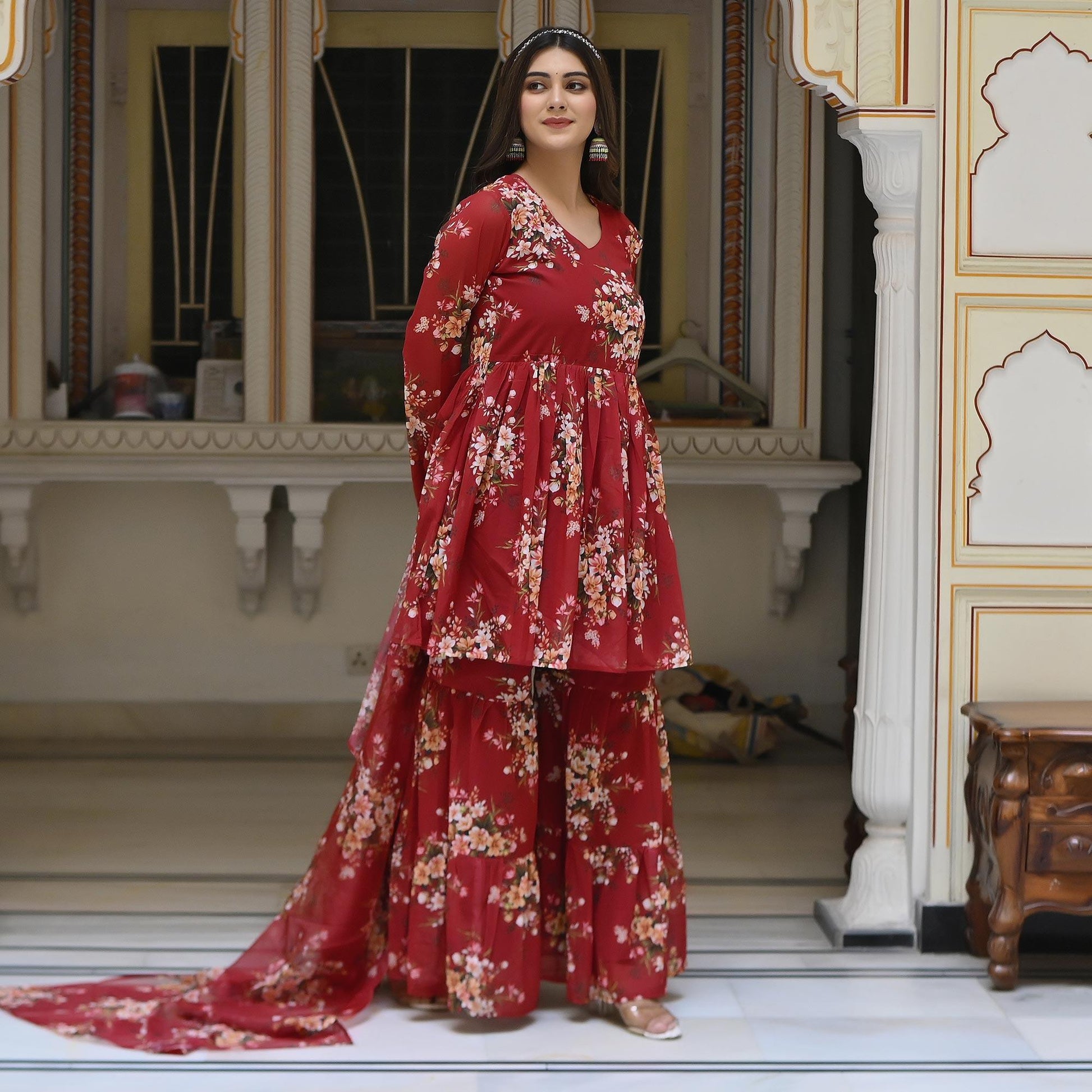Maroon Floral Printed Georgette Sharara Suit