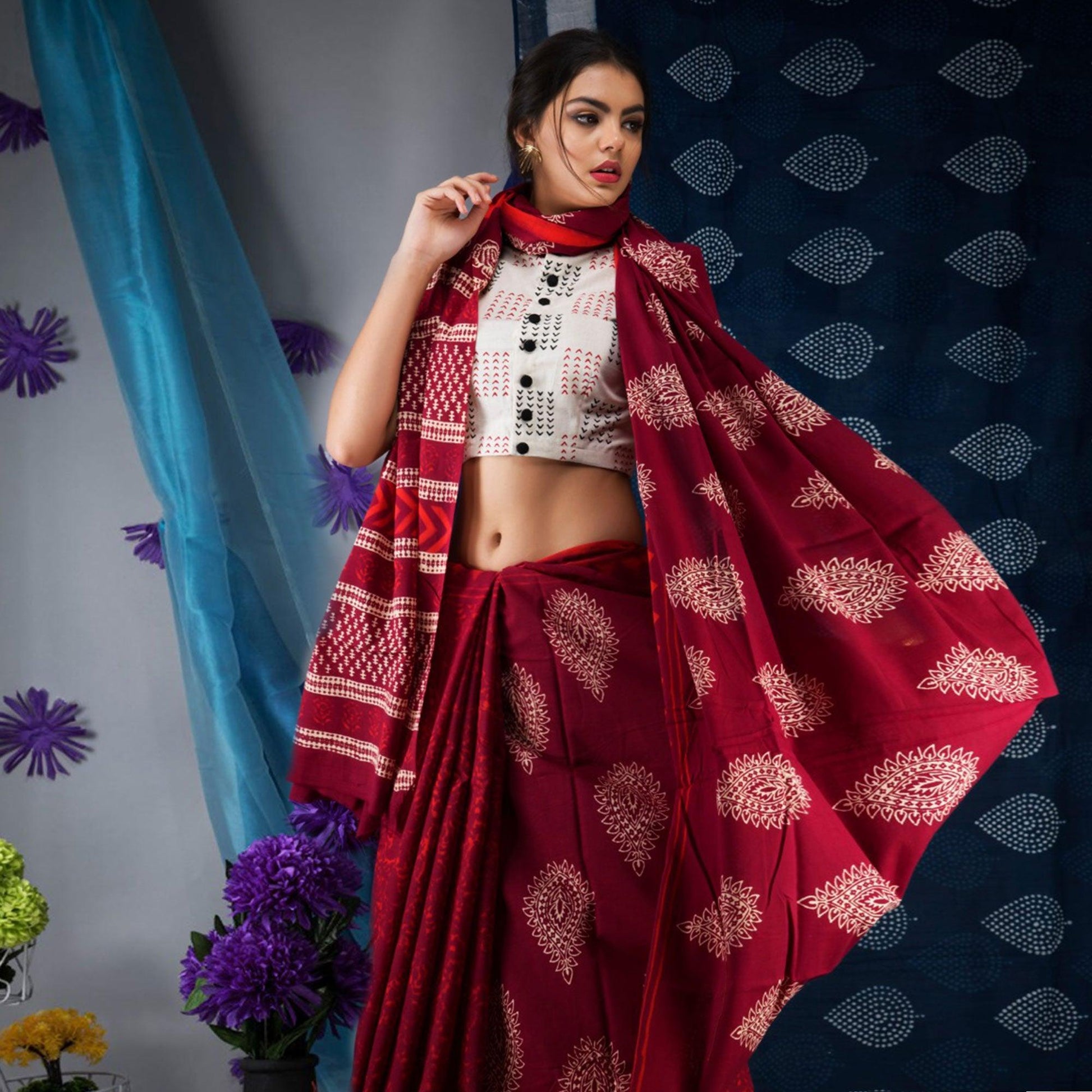 Maroon Floral Printed Linen Saree