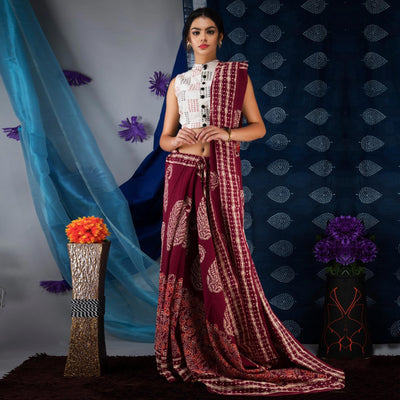 Maroon Floral Printed Linen Saree