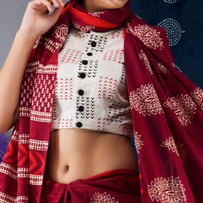 Maroon Floral Printed Linen Saree